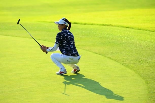 Erika Hara of Japan reacts after a putt on the 14th green during the first round of Rakuten Super Ladies at Tokyu Grand Oak Golf Club on July 29,...