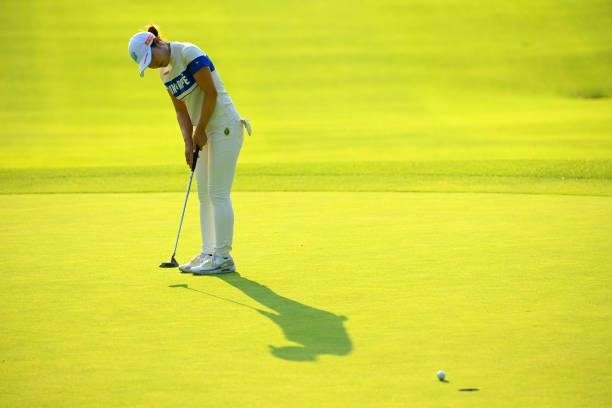 Sayaka Takahashi of Japan attempts a putt on the 14th green during the first round of Rakuten Super Ladies at Tokyu Grand Oak Golf Club on July 29,...