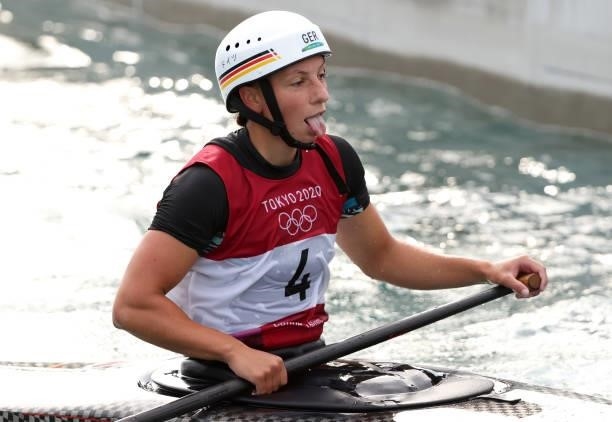 Andrea Herzog of Team Germany reacts after her run in the Women's Canoe Slalom Final on day six of the Tokyo 2020 Olympic Games at Kasai Canoe Slalom...
