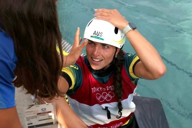 Jessica Fox of Team Australia reacts after her run in the Women's Canoe Slalom Final on day six of the Tokyo 2020 Olympic Games at Kasai Canoe Slalom...