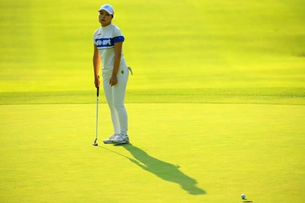 Sayaka Takahashi of Japan reacts after a putt on the 14th green during the first round of Rakuten Super Ladies at Tokyu Grand Oak Golf Club on July...