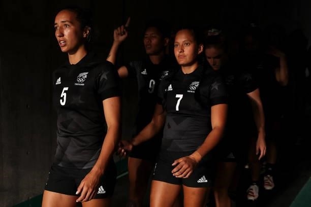Sarah Hirini and Tyla Nathan-Wong of Team New Zealand walk out with their team before the Women’s pool A match between Team New Zealand and Team...