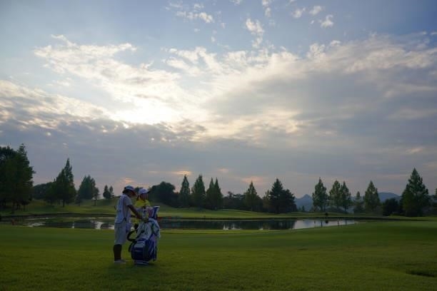 Mao Saigo of Japan is seen before her third shot on the 18th hole during the first round of Rakuten Super Ladies at Tokyu Grand Oak Golf Club on July...