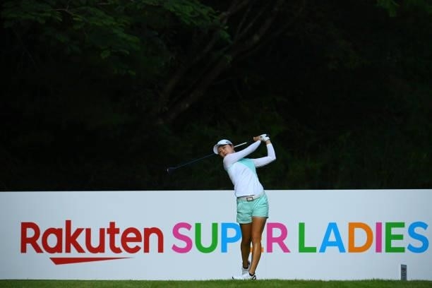 Haruka Morita of Japan hits her tee shot on the 15th hole during the first round of Rakuten Super Ladies at Tokyu Grand Oak Golf Club on July 29,...
