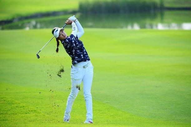 Erika Hara of Japan hits her second shot on the 16th hole during the first round of Rakuten Super Ladies at Tokyu Grand Oak Golf Club on July 29,...