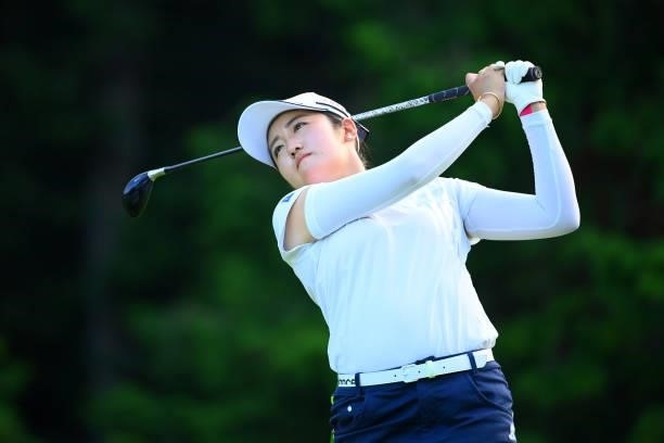 Mone Inami of Japan hits her tee shot on the 17th hole during the first round of Rakuten Super Ladies at Tokyu Grand Oak Golf Club on July 29, 2021...