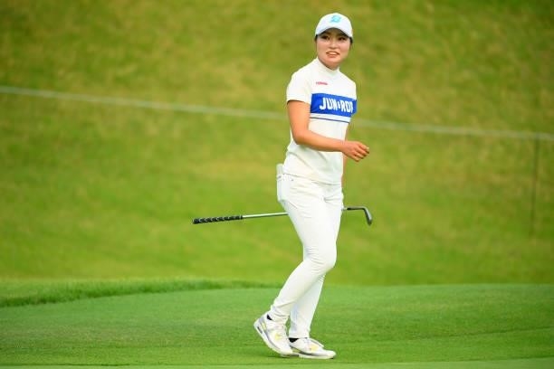 Sayaka Takahashi of Japan celebrates her chip-in-birdie on the 17th green during the first round of Rakuten Super Ladies at Tokyu Grand Oak Golf Club...