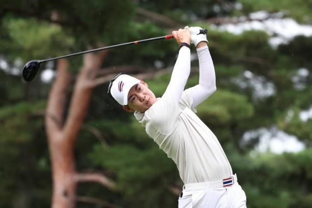 Jazz Janewattananond of Team Thailand plays his shot from the 18th tee during the first round of the Men's Individual Stroke Play on day six of the...