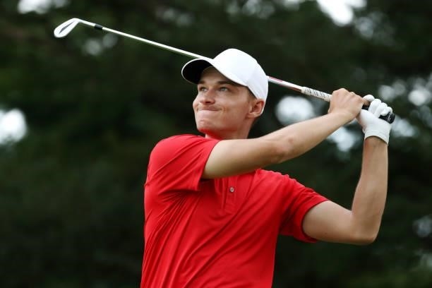 Rasmus Hoejgaard of Team Denmark plays his shot from the 16th tee during the first round of the Men's Individual Stroke Play on day six of the Tokyo...