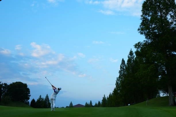 Sayaka Takahashi of Japan hits her second shot on the 18th hole during the first round of Rakuten Super Ladies at Tokyu Grand Oak Golf Club on July...
