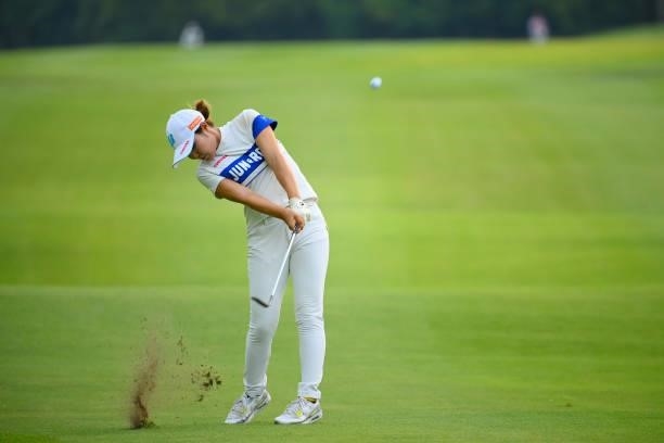 Sayaka Takahashi of Japan hits her third shot on the 18th hole during the first round of Rakuten Super Ladies at Tokyu Grand Oak Golf Club on July...