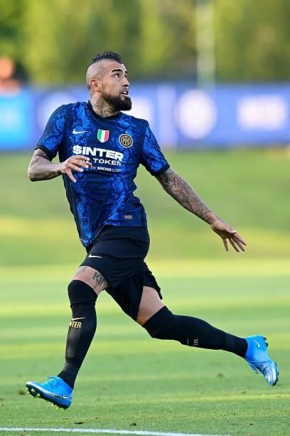 Arturo Vidal of FC Internazionale in action during the pre-season friendly match between FC Internazionale and FC Crotone at the club's training...