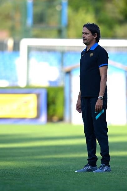 Head Coach Simone Inzaghi of FC Internazionale looks on during the pre-season friendly match between FC Internazionale and FC Crotone at the club's...