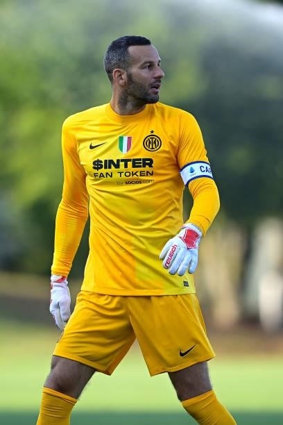 Samir Handanovic of FC Internazionale looks on during the pre-season friendly match between FC Internazionale and FC Crotone at the club's training...