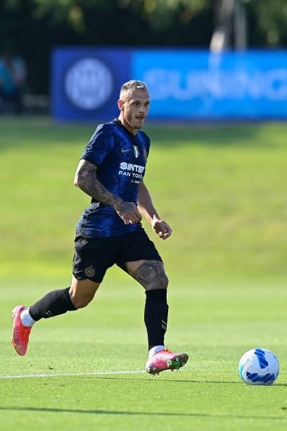 Federico Dimarco of FC Internazionale in action during the pre-season friendly match between FC Internazionale and FC Crotone at the club's training...