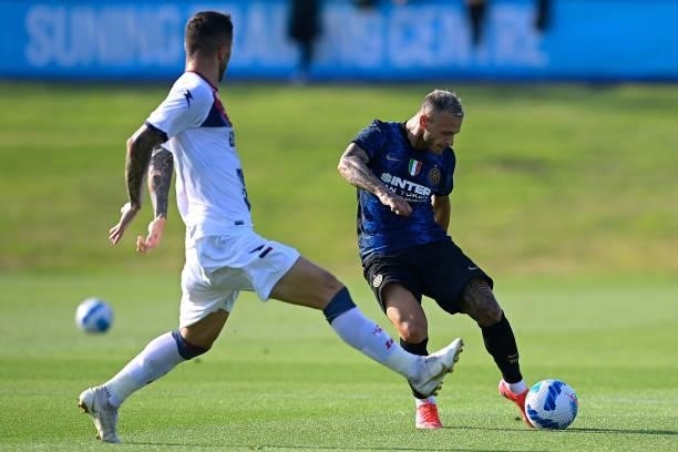 Federico Dimarco of FC Internazionale in action during the pre-season friendly match between FC Internazionale and FC Crotone at the club's training...
