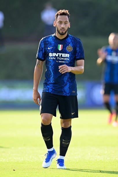 Hakan Calhanoglu of FC Internazionale looks on during the pre-season friendly match between FC Internazionale and FC Crotone at the club's training...