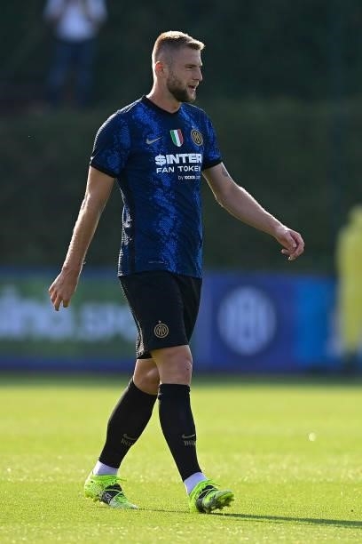 Milan Skriniar of FC Internazionale looks on during the pre-season friendly match between FC Internazionale and FC Crotone at the club's training...