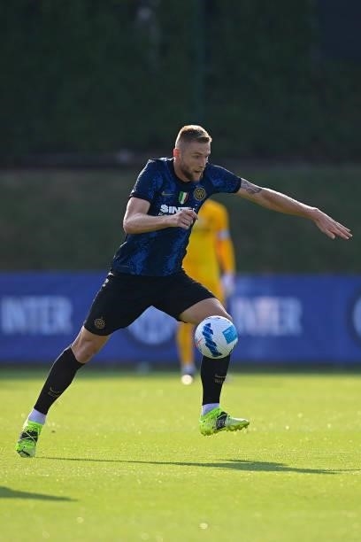 Milan Skriniar of FC Internazionale in action during the pre-season friendly match between FC Internazionale and FC Crotone at the club's training...