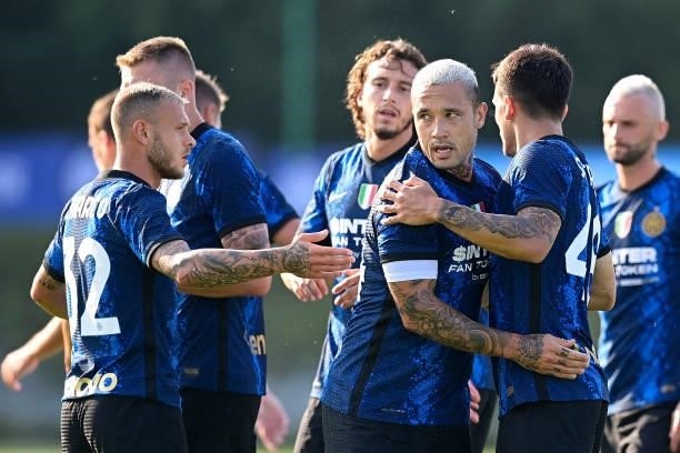 Martin Satriano of FC Internazionale celebrates with teammates after scoring his team's first goal during the pre-season friendly match between FC...