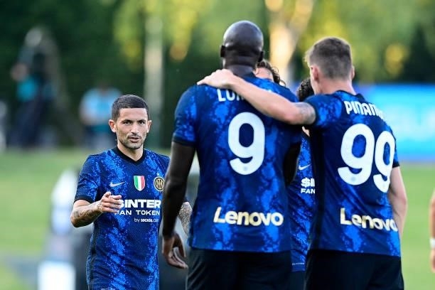 Stefano Sensi of FC Internazionale celebrates with teammates after scoring his team's fifth goal during the pre-season friendly match between FC...