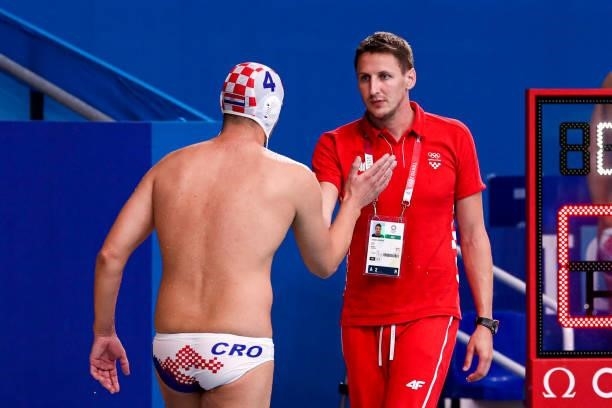 Luka Loncar of Croatia, Sandro Sukno of Croatia during the Tokyo 2020 Olympic Waterpolo Tournament Men match between Team Croatia and Team Montenegro...