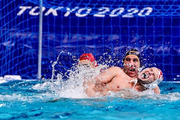 Aleksandar Ivovic of Montenegro, Luka Loncar of Croatia during the Tokyo 2020 Olympic Waterpolo Tournament Men match between Team Croatia and Team...