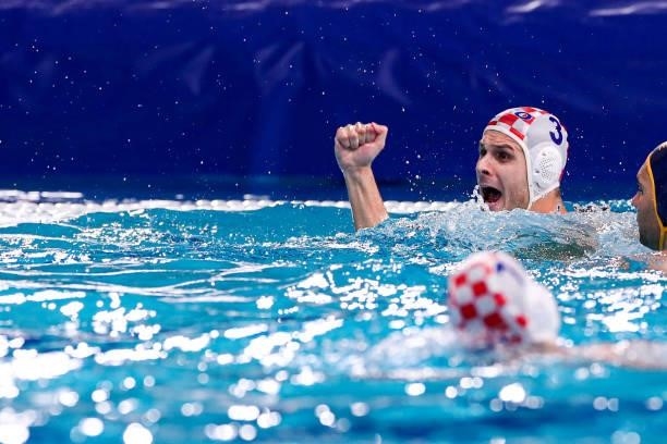 Loren Fatovic of Croatia celebrating during the Tokyo 2020 Olympic Waterpolo Tournament Men match between Team Croatia and Team Montenegro at Tatsumi...