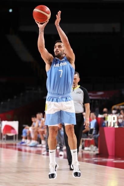 Facundo Campazzo of Team Argentina takes a jump shot against Spain during the second half of a Men's Preliminary Round Group C game on day six of the...