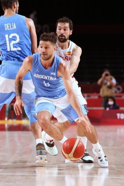 Nicolas Laprovittola of Team Argentina drives to the basket against Spain during the second half of a Men's Preliminary Round Group C game on day six...