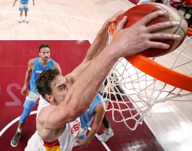 Pau Gasol of Team Spain dunks against Argentina during the first half of a Men's Preliminary Round Group C game on day six of the Tokyo 2020 Olympic...