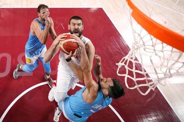 Marc Gasol of Team Spain drives to the basket against Facundo Campazzo of Team Argentina during the first half of a Men's Preliminary Round Group C...
