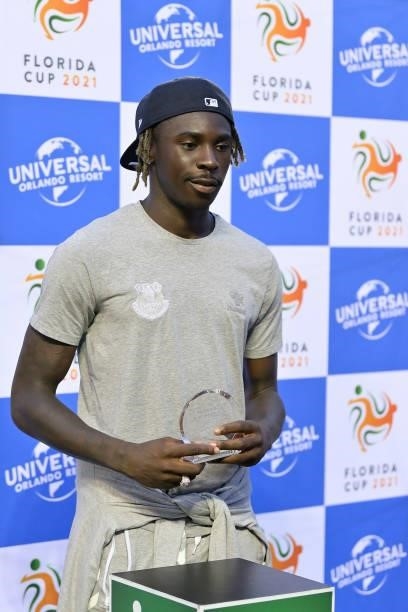 Moise Kean of Everton as he receives his man of the match award after the Everton FC v UNAM Pumas pre-season friendly match on July 28, 2021 in...