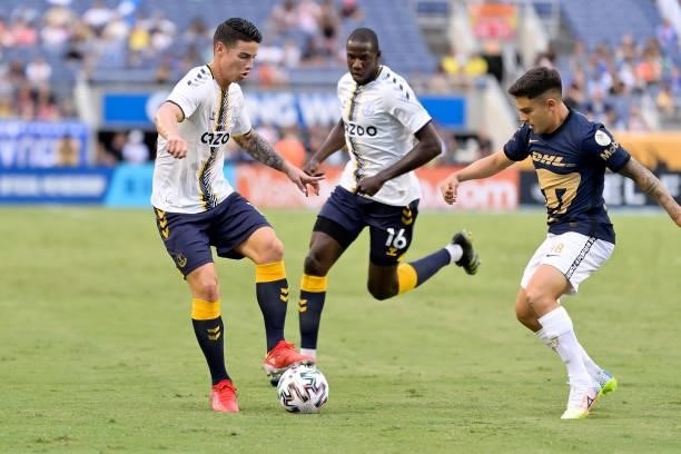 James Rodriguez and Abdoulaye Doucoure of Everton during the Everton FC v UNAM Pumas pre-season friendly match on July 28, 2021 in Orlando, Florida,...