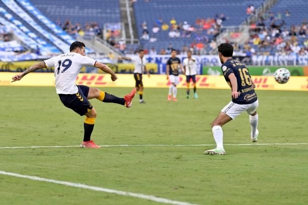 James Rodriguez of Everton with a chance on goal during the Everton FC v UNAM Pumas pre-season friendly match on July 28, 2021 in Orlando, Florida,...