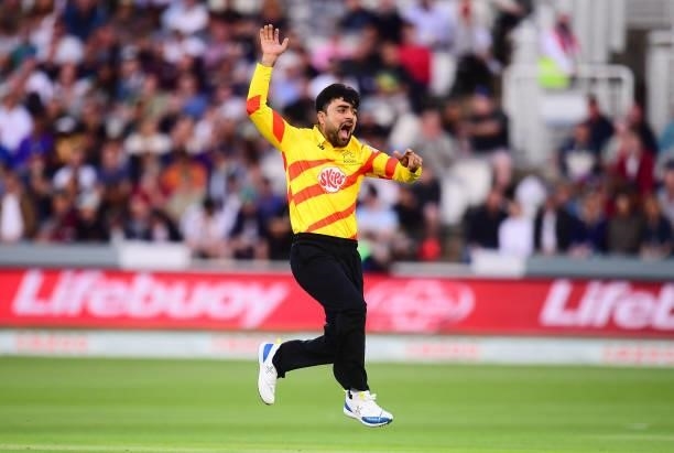 Rashid Khan of Trent Rockets Men reacts after a missed chance during The Hundred match between London Spirit Men and Trent Rockets Men at Lord's...