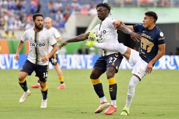 Moise Kean of Everton challenges for the ball during the Everton FC v UNAM Pumas pre-season friendly match on July 28, 2021 in Orlando, Florida,...