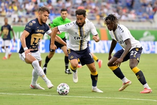 Andros Townsend and Moise Kean of Everton during the Everton FC v UNAM Pumas pre-season friendly match on July 28, 2021 in Orlando, Florida, United...