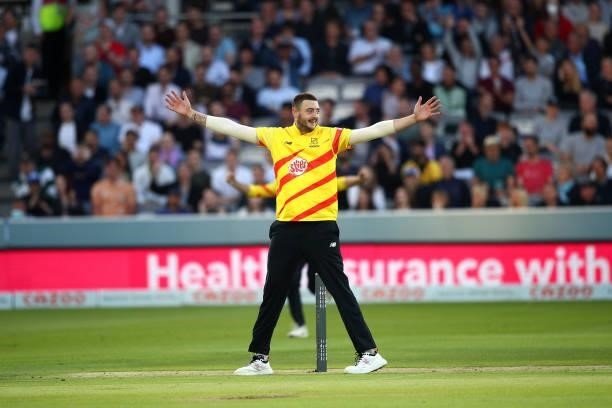 Matthew Carter of Trent Rockets celebrates taking the wicket of Mohammad Nabi of London Spirit during The Hundred match between London Spirit Men and...
