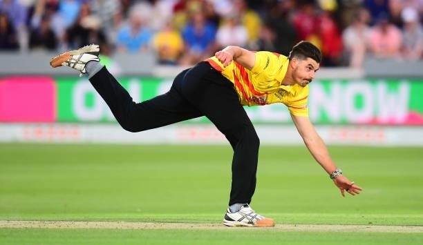 Marchant De Lange of Trent Rockets Men in bowling action during The Hundred match between London Spirit Men and Trent Rockets Men at Lord's Cricket...