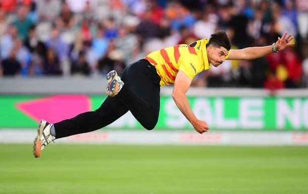 Marchant De Lange of Trent Rockets Men in bowling action during The Hundred match between London Spirit Men and Trent Rockets Men at Lord's Cricket...