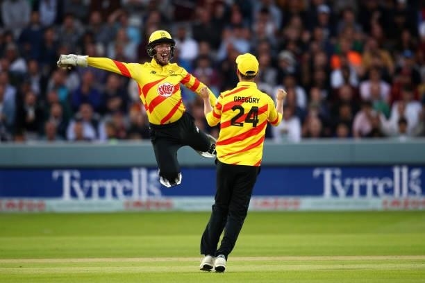 Tom Moores of Trent Rockets celebrates taking the wicket of Ravi Bopara of London Spirit during The Hundred match between London Spirit Men and Trent...
