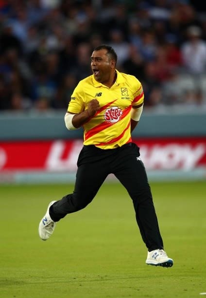 Samit Patel of Trent Rockets celebrates taking the wicket of Eoin Morgan of London Spirit during The Hundred match between London Spirit Men and...