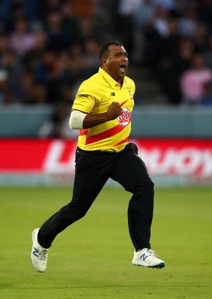 Samit Patel of Trent Rockets celebrates taking the wicket of Eoin Morgan of London Spirit during The Hundred match between London Spirit Men and...