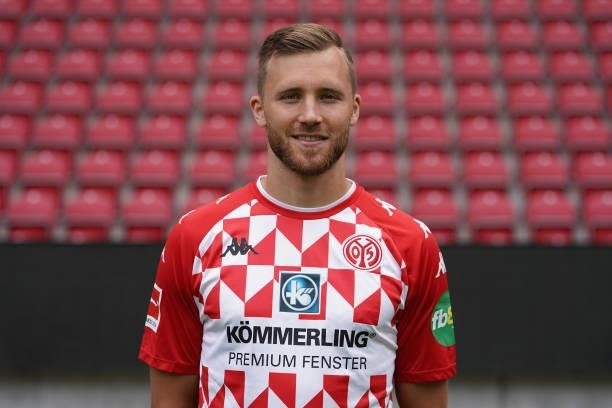 Silvan Widmer of 1. FSV Mainz 05 poses during the team presentation at on July 29, 2021 in Mainz, Germany.