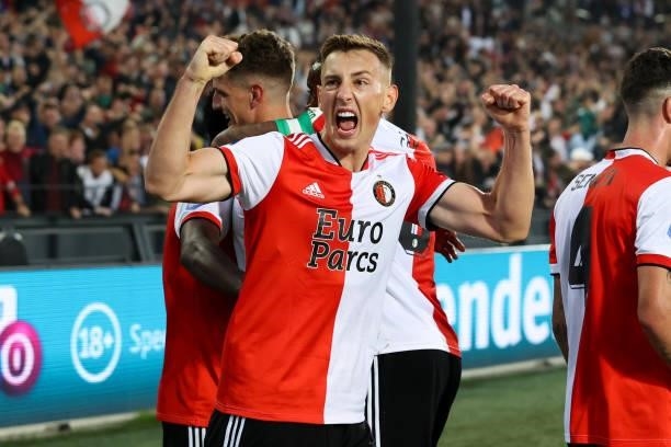 Robert Bozenik of Feyenoord celebrates during the UEFA Europa Conference League second Qualifying Round: Second Leg match between Feyenoord and FC...