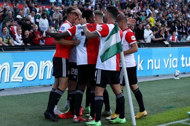 Guus Til of Feyenoord celebrate first Feyenoord goal of the evening during the UEFA Europa Conference League second Qualifying Round: Second Leg...