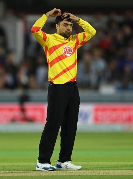 Rashid Khan of Trent Rockets looks on during The Hundred match between London Spirit and Trent Rockets at Lord's Cricket Ground on July 29, 2021 in...