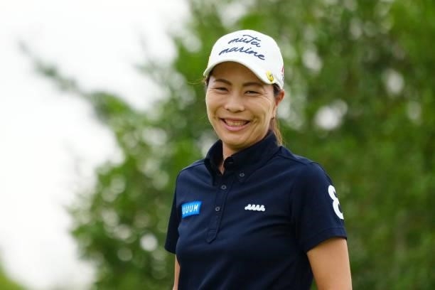 Mayu Hattori of Japan smiles on the 1st tee during the second round of Rakuten Super Ladies at Tokyu Grand Oak Golf Club on July 30, 2021 in Kato,...