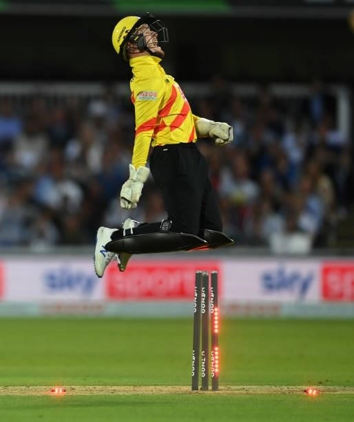 Tom Moores of Trent Rockets celebrates after stumping Mohammad Amir of London Spirit during The Hundred match between London Spirit and Trent Rockets...